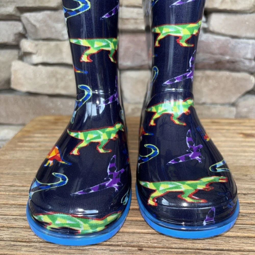 Zoogs Toddler Pull On Handle Rain Boots Dinosaur Print Blue Size 8